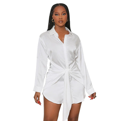 Women Fashion Casual Solid Color Long Sleeve Defined Waist Lapel Shirt Dress