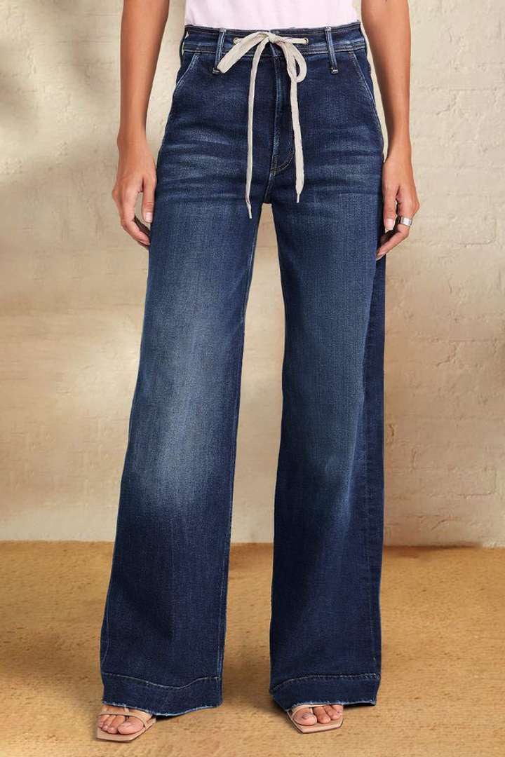 Vaqueros de pierna ancha, cintura alta, informales, con cordones, a la moda para mujer