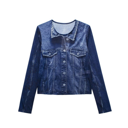 Chaqueta vaquera informal de manga larga con solapa y botonadura sencilla para mujer