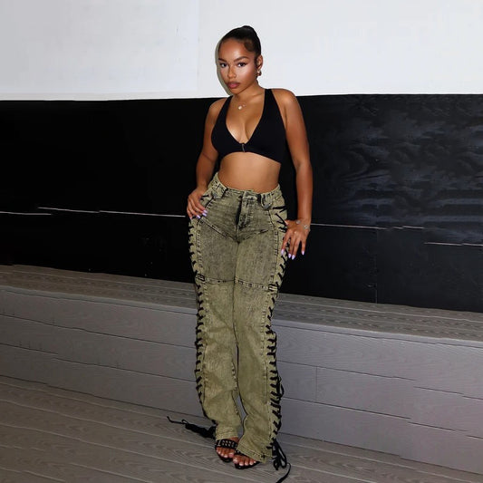 Women Fashion Casual Tight Side Drawstring Jeans