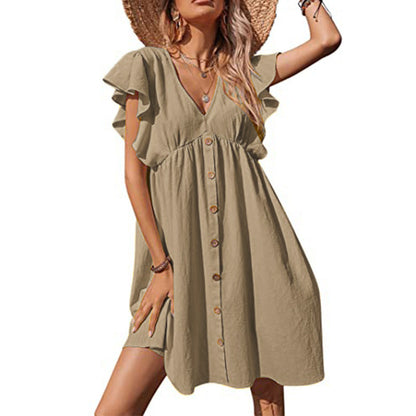 Women Fashion Casual Style Pullover V-Neck Ruffled Sleeve Dress