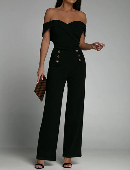 Women Solid Color Word Neck Short Sleeve Waist Casual Jumpsuit