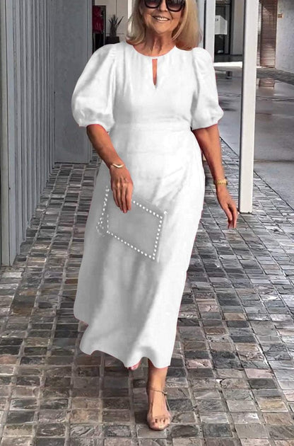Plus Size Women Summer Solid Color Casual Crewneck Puff Sleeve Maxi Dress