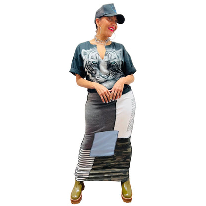 Women Fashion Casual Splicing Printed V-Neck Short-Sleeve Slim Fit Dress