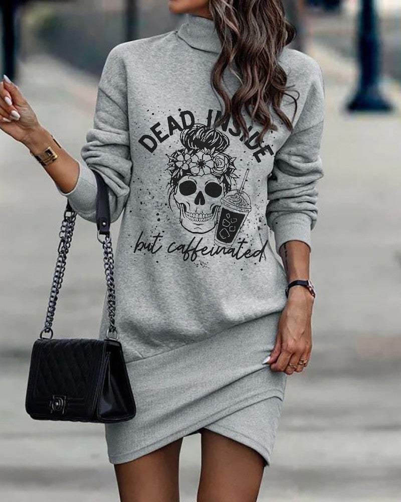 Winter Fashion Women Casual Skull Letter Printed Turtle Neck Long Sleeve Irregular Hemline Dress