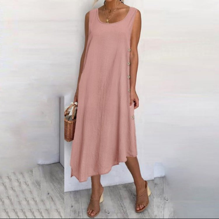Vestido largo informal de lino y algodón con botones y vuelo irregular para mujer de verano