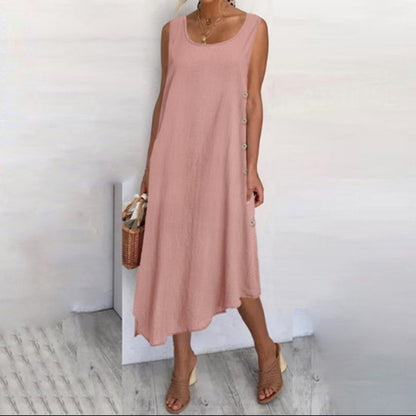 Vestido largo informal de lino y algodón con botones y vuelo irregular para mujer de verano