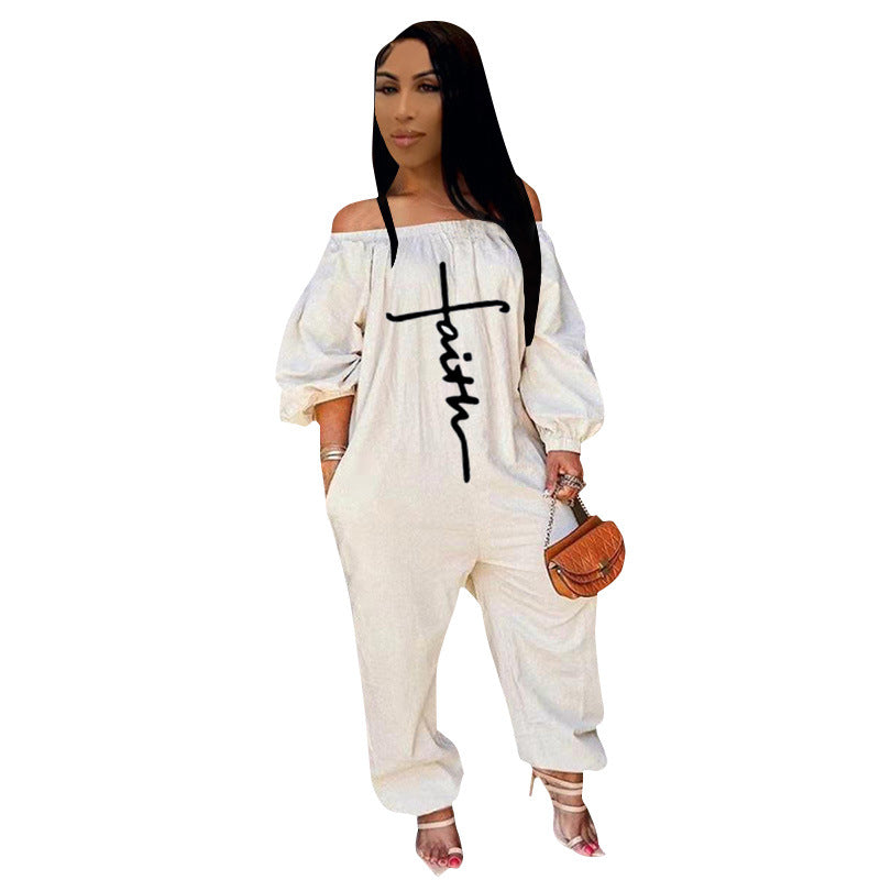 Women'S Fashion Casual Embroidered Off Shoulder Loose Jumpsuit