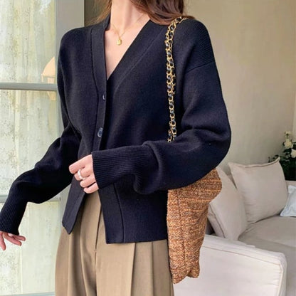 Women Fashion Casual Solid Color V-Neck Long-Sleeve Knitte Sweater Coat