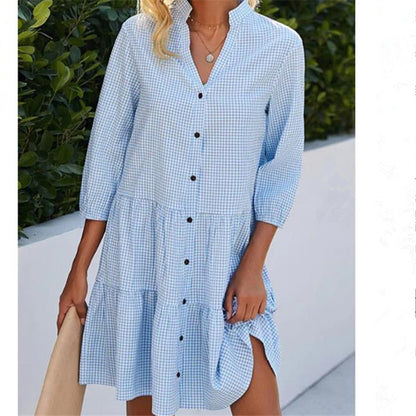 Women Fashion Casual Plaid Collar Shirt Dress