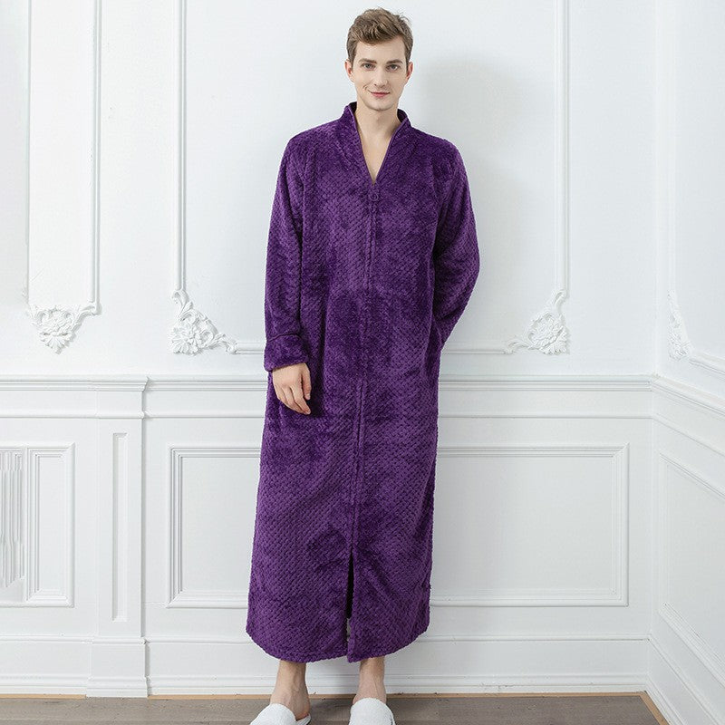 Couples Winter Fashion Casual Home Solid Color Flannel V Neck Long Sleeve Zipper Robes Sleepwear