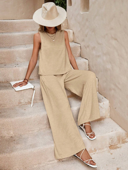 Conjunto de dos piezas para mujer: top sin mangas y pantalón ancho de color liso informal