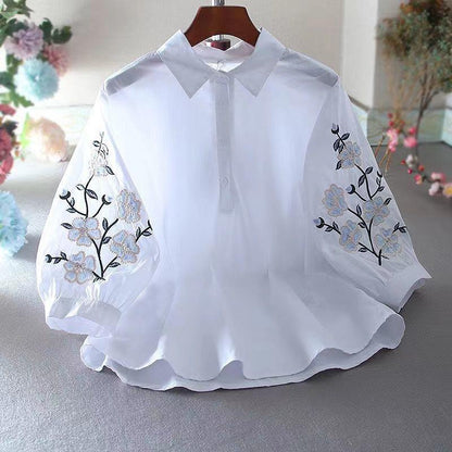 Blusa holgada informal con mangas farol y solapa bordada con flores para mujer
