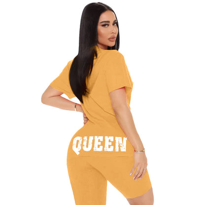 Women Orange Casual Athleisure Short Sleeves Round Neck Letter Printed Top And Solid Color Shorts Set