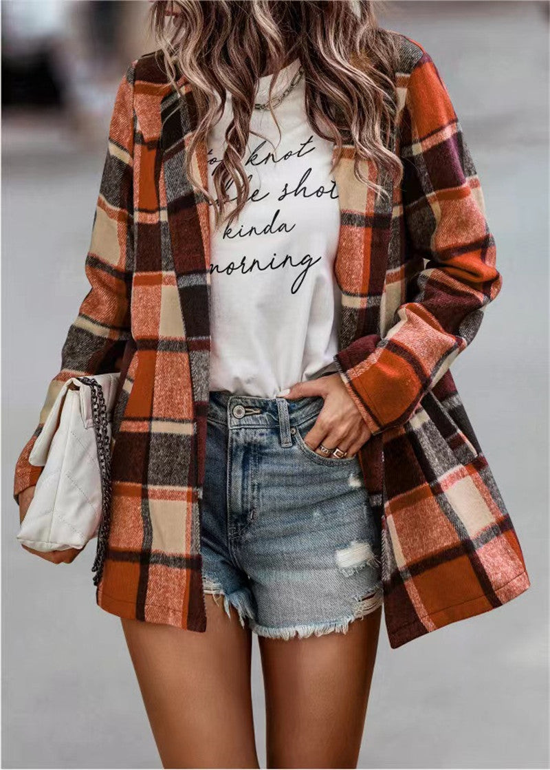 Chaqueta de punto de manga larga con bolsillo y estampado a cuadros holgado e informal de invierno para mujer