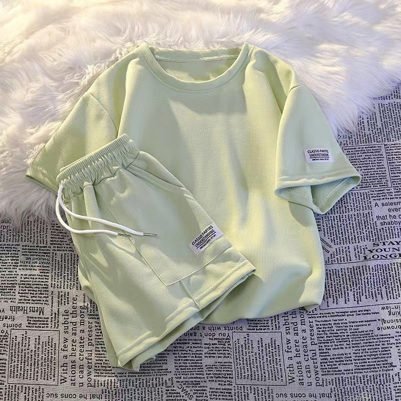 Women Fashion Casual Solid Color Round Neck Short Sleeve Top Shorts Sports Set