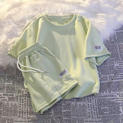 Women Fashion Casual Solid Color Round Neck Short Sleeve Top Shorts Sports Set