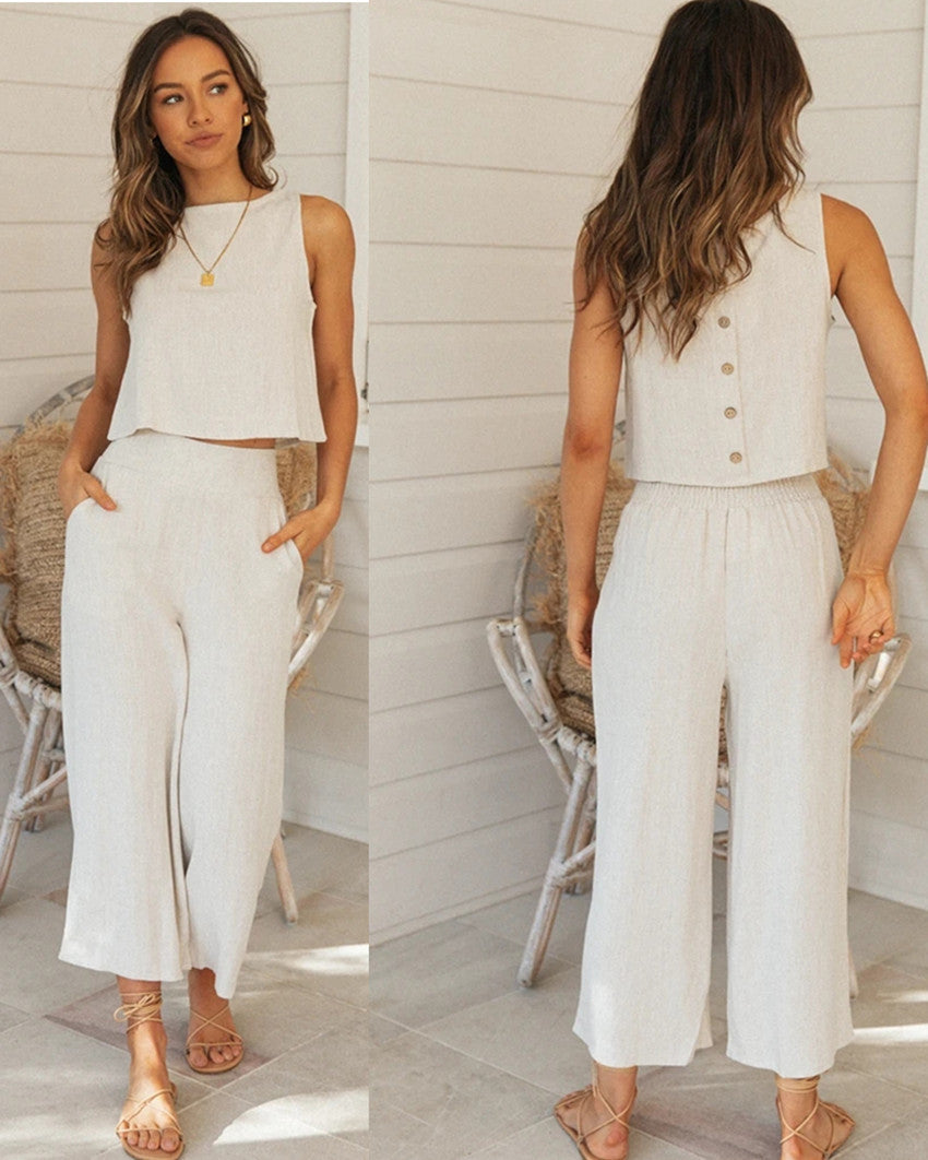 Conjunto de ropa de estar por casa para mujer, informal, de otoño e invierno, de color liso, sin mangas, con camiseta y pantalones cortos