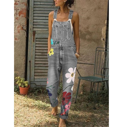 Women Fashion Casual Floral Printed Pocket Denim Overalls