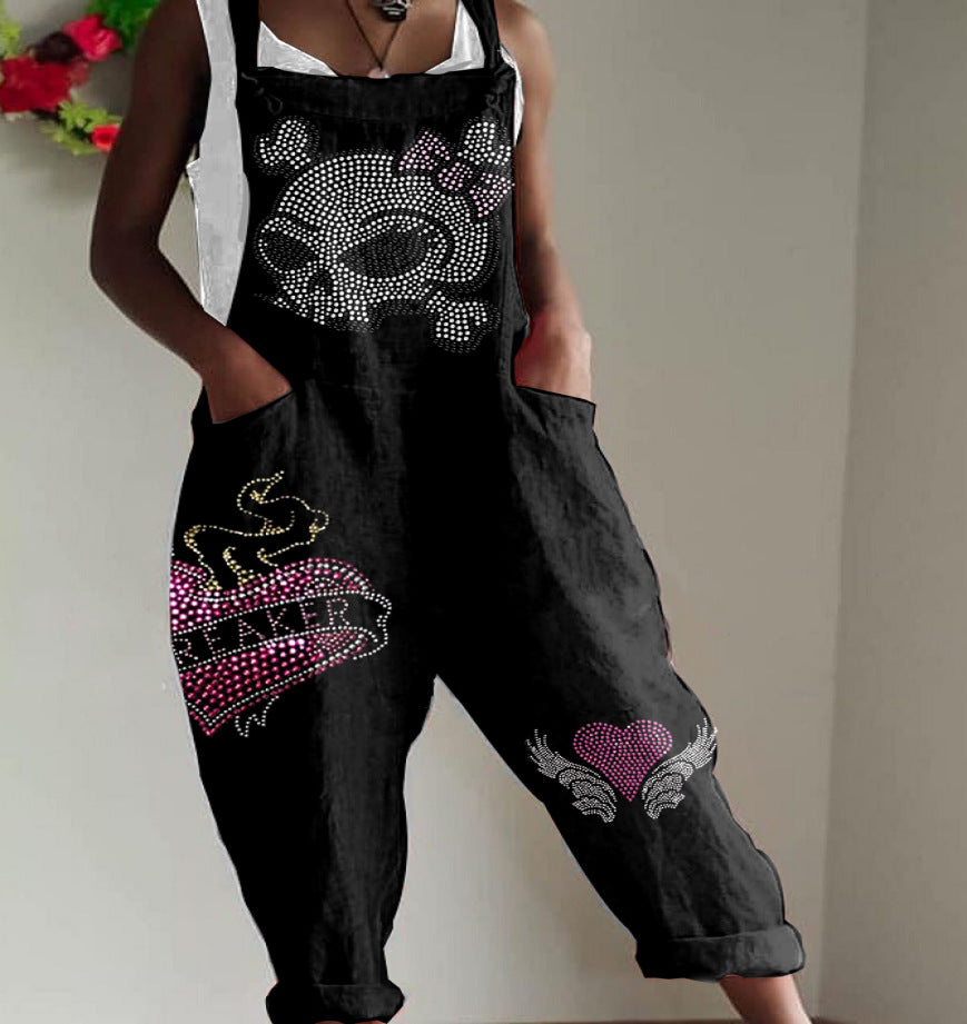 Vintage Casual Women Halloween Skull Letter Print Pocket Loose Jumpsuits