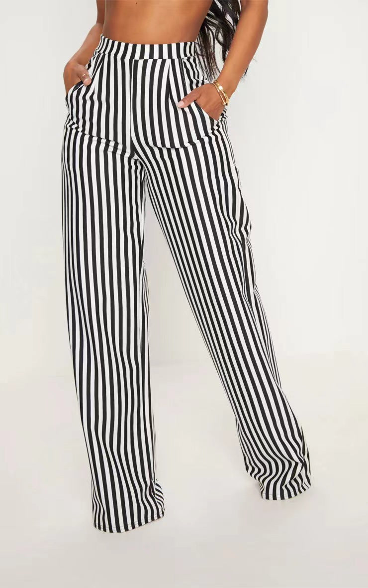 Women Casual Stripe Printed High Waist Straight Leg Pants