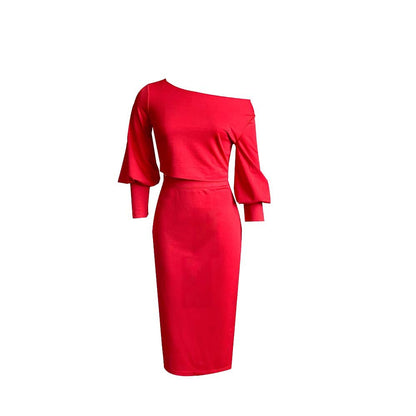 Conjunto de dos piezas formado por top y falda de cintura alta, manga larga, hombros descubiertos, color liso, informal, para mujer