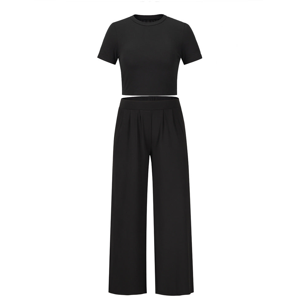 Conjunto de dos piezas de top de manga corta y pantalón ancho de color liso informal de verano para mujer