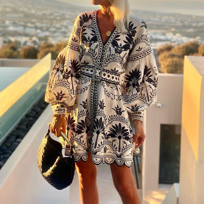 Women Casual Bohemian Print V-Neck Long Sleeve Dress