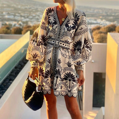 Women Casual Bohemian Print V-Neck Long Sleeve Dress