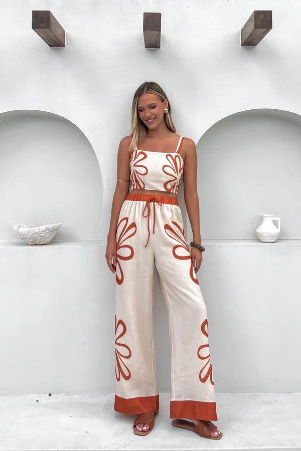 Conjunto de dos piezas de camisola informal con estampado floral y pantalones de pierna ancha para mujer