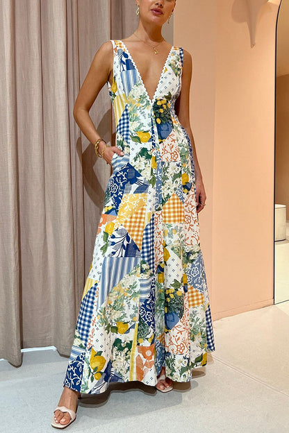 Fashion Boho Women Elegant Graphic Print Deep V Neck Sleeveless Casual Maxi Dress