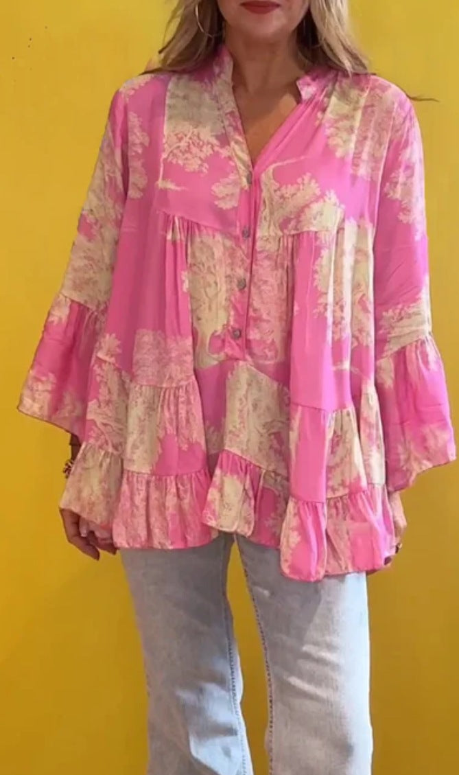 Blusa informal de verano con volantes y manga larga con estampado irregular para mujer