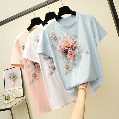 Camisetas casuales de algodón con cuello redondo y flores para mujer