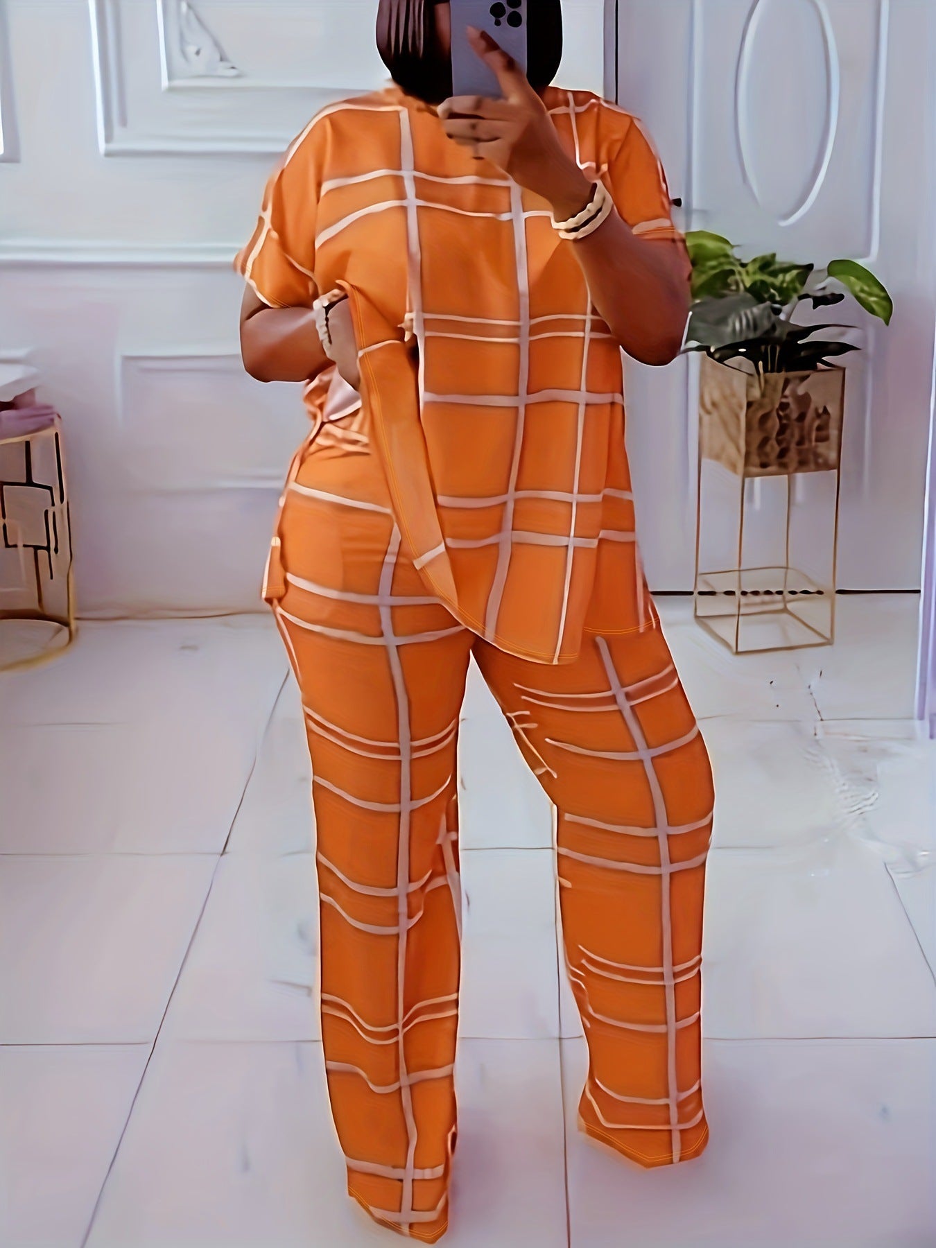 Conjunto de dos piezas informal de talla grande para mujer, con estampado a cuadros, manga corta, pantalones anchos