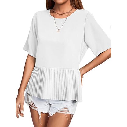 Blusa informal de mujer con cuello redondo, manga corta, dobladillo plisado y color liso