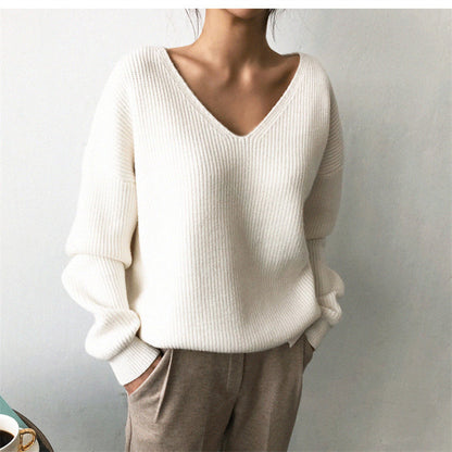 Autumn Winter Women Solid Color Casual V-Neck Long Sleeve Knitted Sweater