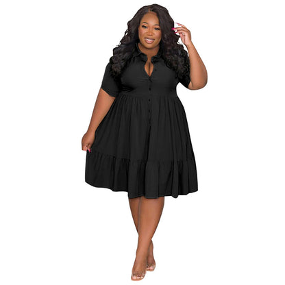 Summer Women Casual Plus Size Lasel Single-Breasted Short-Sleeved Shirt Dress