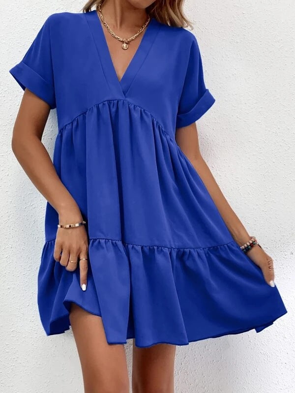 Vestido informal de verano para mujer, con escote en V y manga corta, estilo swing grande