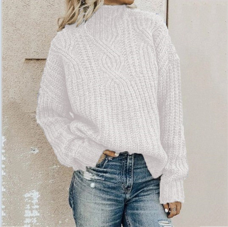 Winter Women Solid Color Turtleneck Long Sleeve Knit Loose Casual Sweater