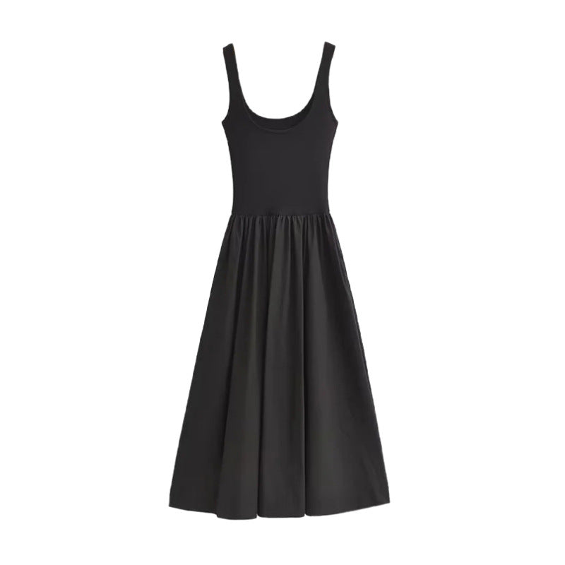 Women Fashion Casual Solid Color Pleated U-Neck Sleeveless Dress