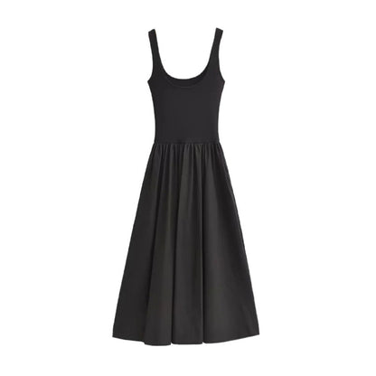 Women Fashion Casual Solid Color Pleated U-Neck Sleeveless Dress