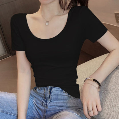 Camiseta informal de manga corta con cuello en U y color liso para mujer