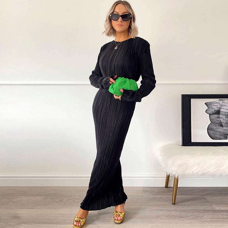 Women Basic Autumn Fashion Casual Solid Color Round Neck Long Sleeve Slim Dress