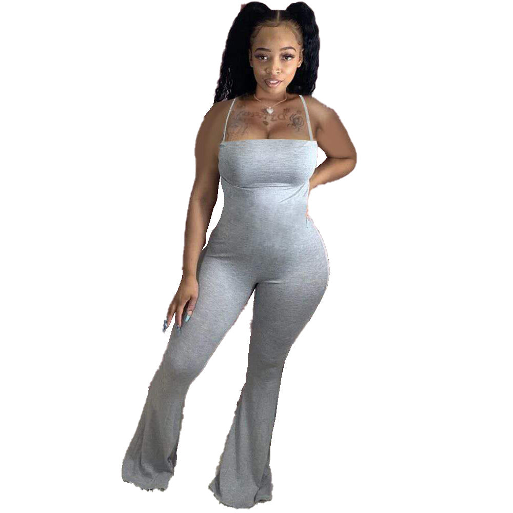 Women Solid Color Sling Skinny Flared Casual Jumpsuit