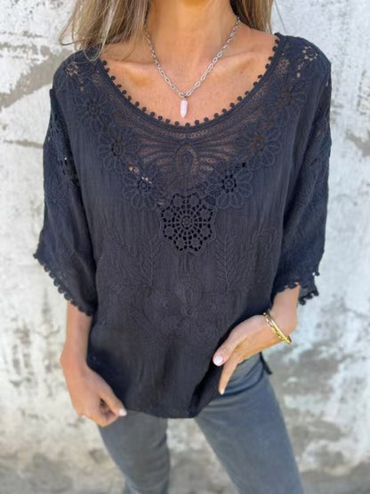 Blusa informal bohemia de manga larga con bordados y aberturas para mujer