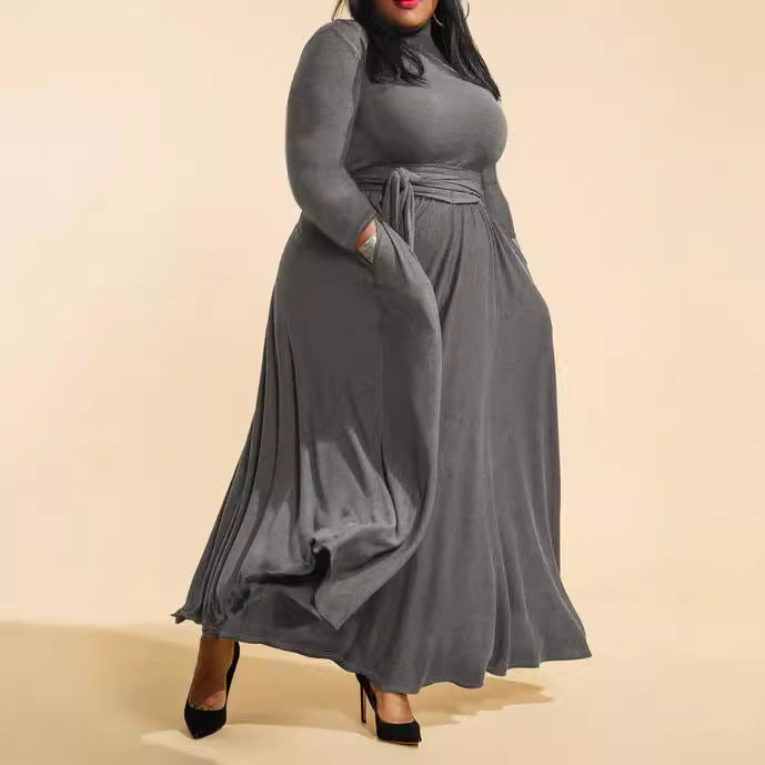 Women Fashion Casual Solid Color High Neck Long Sleeve Lace-Up Plus Size Dress