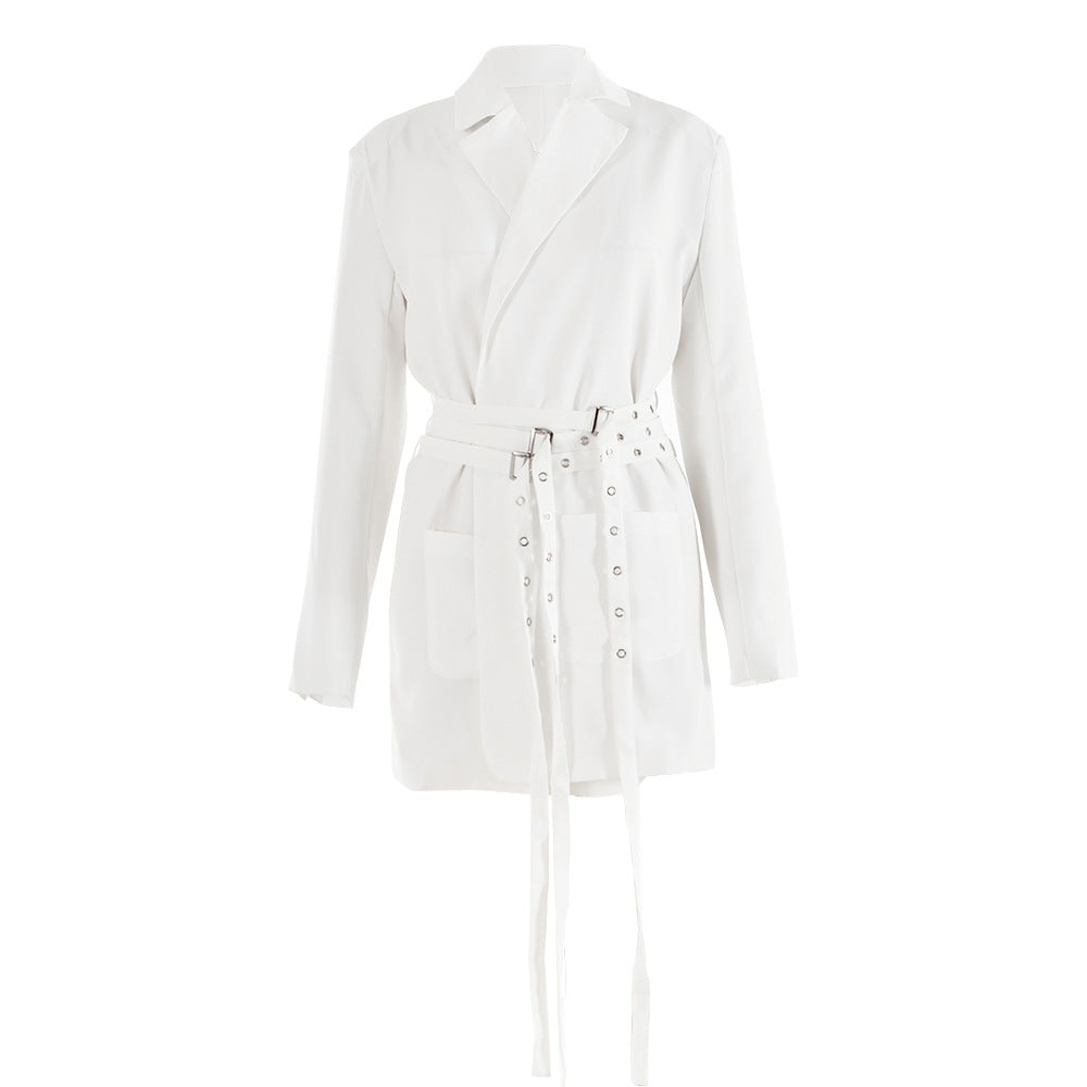 Chaqueta blazer informal de manga larga con cinturón y corte ajustado para mujer