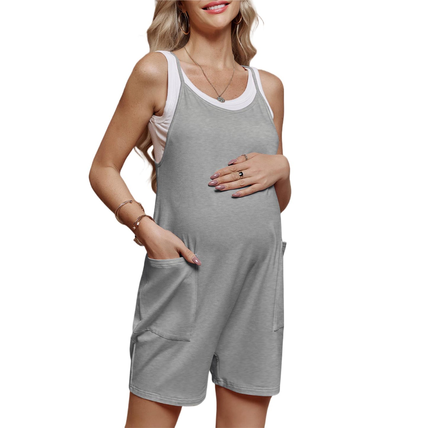 Women Casual Loose Sleeveless Suspender Pregnant Solid Color Pocket Maternity Rompers
