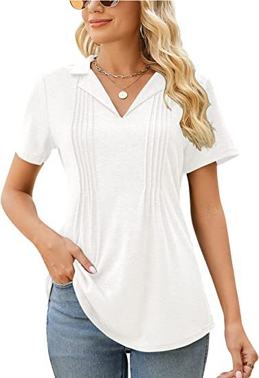 Camiseta informal de verano para mujer, con cuello en V y manga corta en blanco