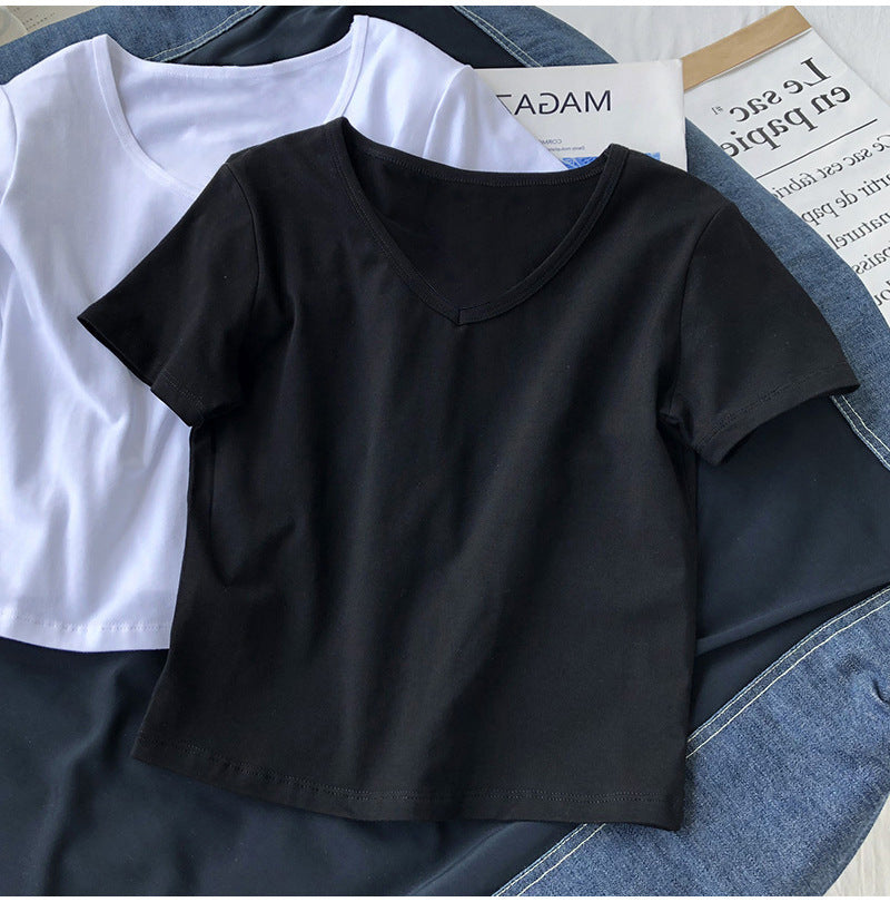 Camiseta básica informal de manga corta con cuello en V y color liso para mujer